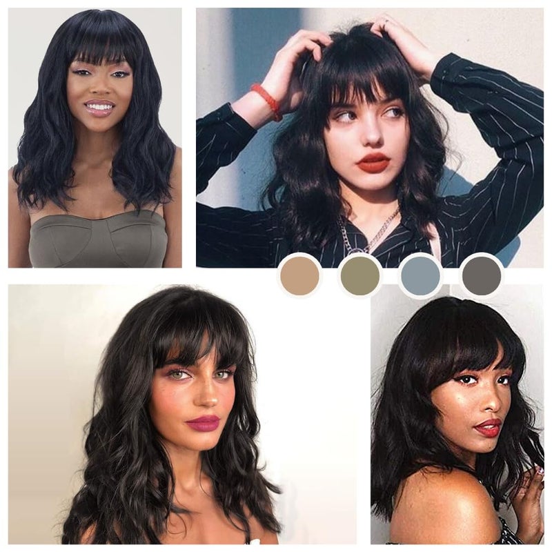 morvally Short Black Wavy Bob Wig with Bangs for Women 16 Inches Natural Synthetic Hair Wavy Wigs - Image 2