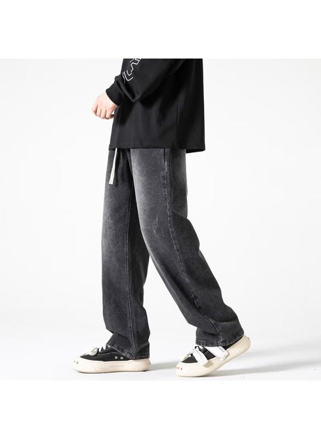 Izexx Vintage Washed Distressed Denim Jeans Men Autumn Winter American High Street Wide Leg Draped Straight Pants Zmd35 Denim Black 3XL - Image 2