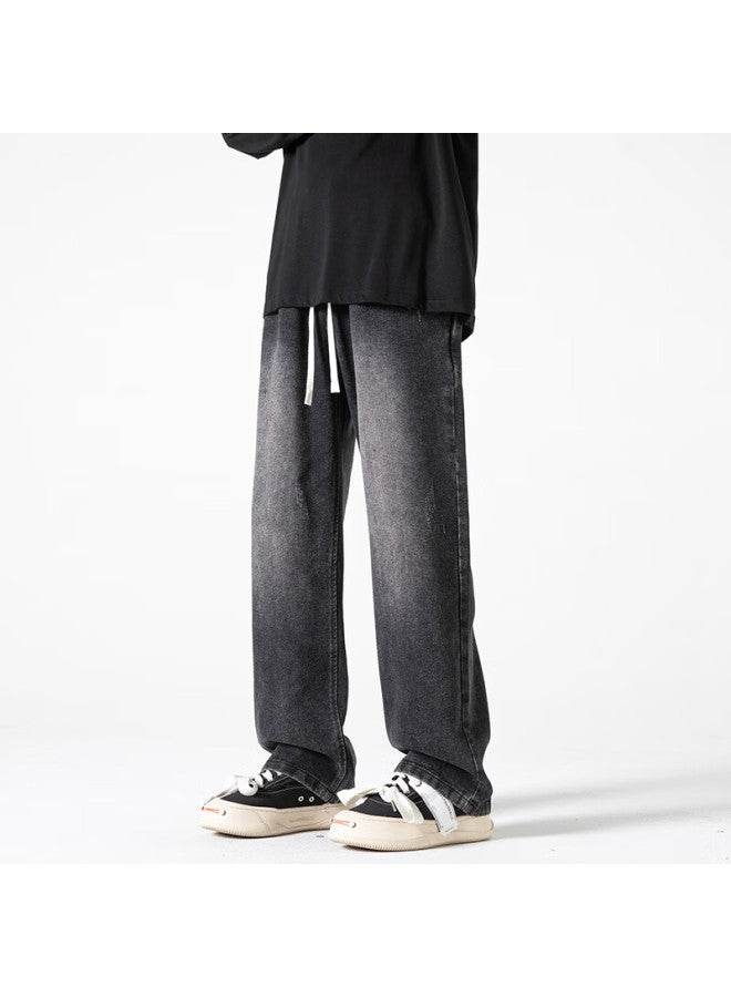 Izexx Vintage Washed Distressed Denim Jeans Men Autumn Winter American High Street Wide Leg Draped Straight Pants Zmd35 Denim Black 3XL - Image 4