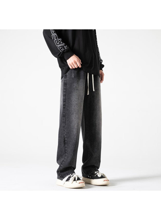 Izexx Vintage Washed Distressed Denim Jeans Men Autumn Winter American High Street Wide Leg Draped Straight Pants Zmd35 Denim Black 3XL - Image 3