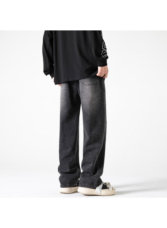 Izexx Vintage Washed Distressed Denim Jeans Men Autumn Winter American High Street Wide Leg Draped Straight Pants Zmd35 Denim Black 3XL - Image 5