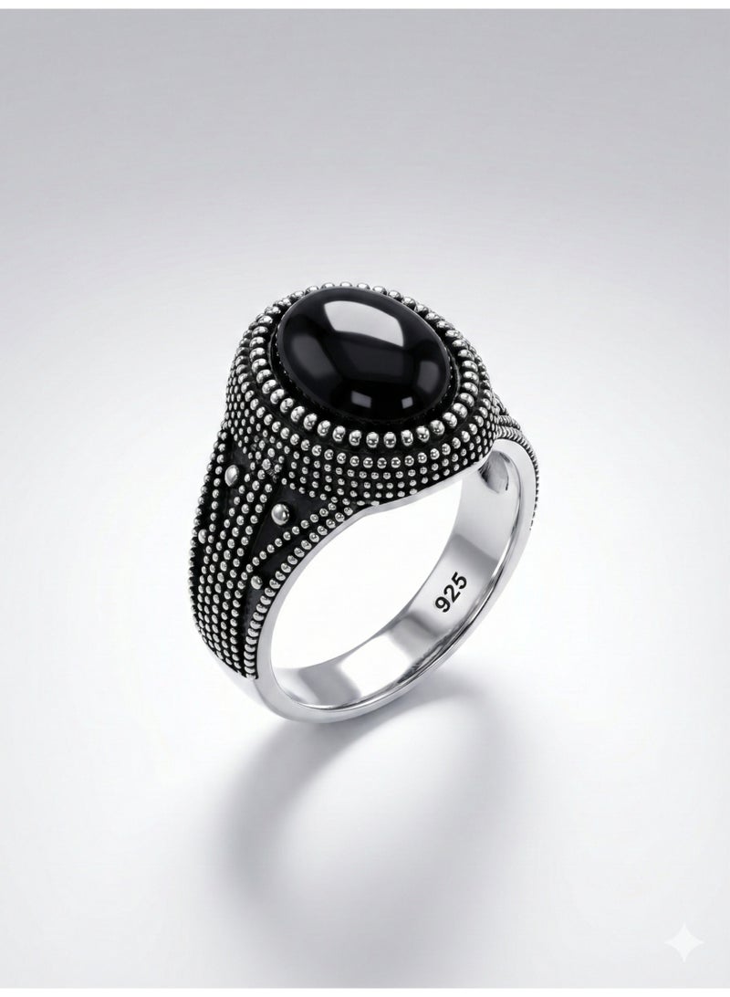 Fine Silver 925 Sterling Silver Men's Vintage Ring with Oval Black Stone and Beaded Detailing