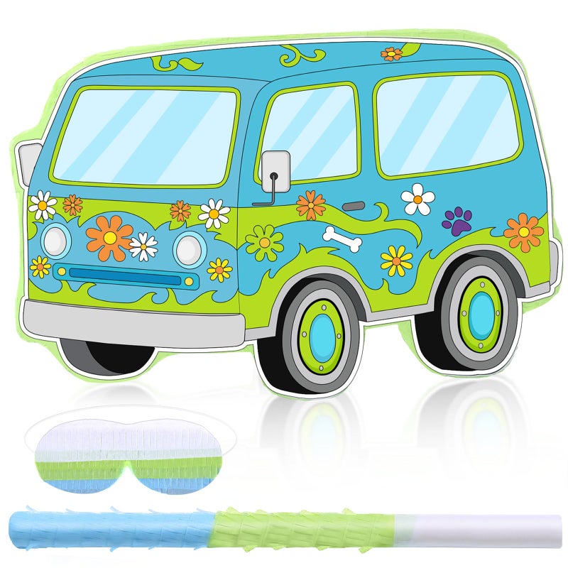 Threan Dog Theme Party Decorations Cartoon Car Piata Hippie Groovy Daisy Piata Game with Stick Blindfold Paw for Children Boy Cool Birthday Party Decor Favors Supplies - Image 3