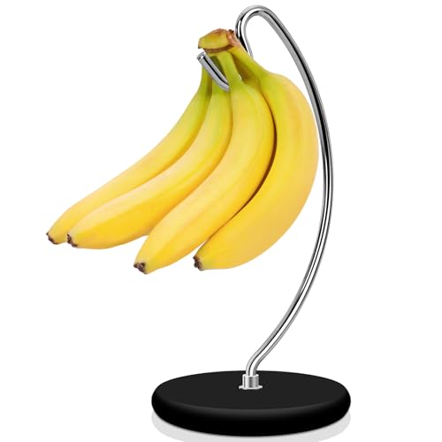 Niceyos Banana Holder Stand Patented Modern Stainless Steel Banana Hanger with Wood Base Banana Tree Hook Rack for Kitchen Countertop Black Silver - Image 1