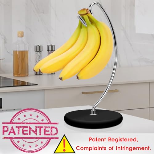 Niceyos Banana Holder Stand Patented Modern Stainless Steel Banana Hanger with Wood Base Banana Tree Hook Rack for Kitchen Countertop Black Silver - Image 3