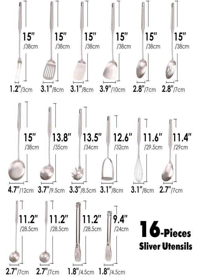 Standcn 18/10 Stainless Steel Cooking Utensils Set - 16 PCS All Metal Small & Large Kitchen Spoons, Serving Utensils - Whisk, Masher, Fork, Tongs, Solid/Slotted Spoon, Spatula, Turner, Ladle, Skimmer, Pasta - Image 2