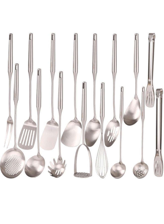 Standcn 18/10 Stainless Steel Cooking Utensils Set - 16 PCS All Metal Small & Large Kitchen Spoons, Serving Utensils - Whisk, Masher, Fork, Tongs, Solid/Slotted Spoon, Spatula, Turner, Ladle, Skimmer, Pasta - Image 1