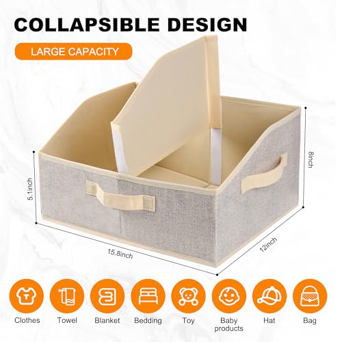Wrrlors Closet Storage Bins 6 Pack, Large Closet Organizer Baskets with Divider & Handles,Trapezoid Fabric Shelf Organizers, Collapsible Storage Cubes for Clothes, Towels, Toys - Beige - Image 2