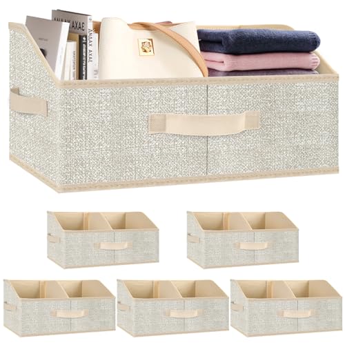 Wrrlors Closet Storage Bins 6 Pack, Large Closet Organizer Baskets with Divider & Handles,Trapezoid Fabric Shelf Organizers, Collapsible Storage Cubes for Clothes, Towels, Toys - Beige - Image 1