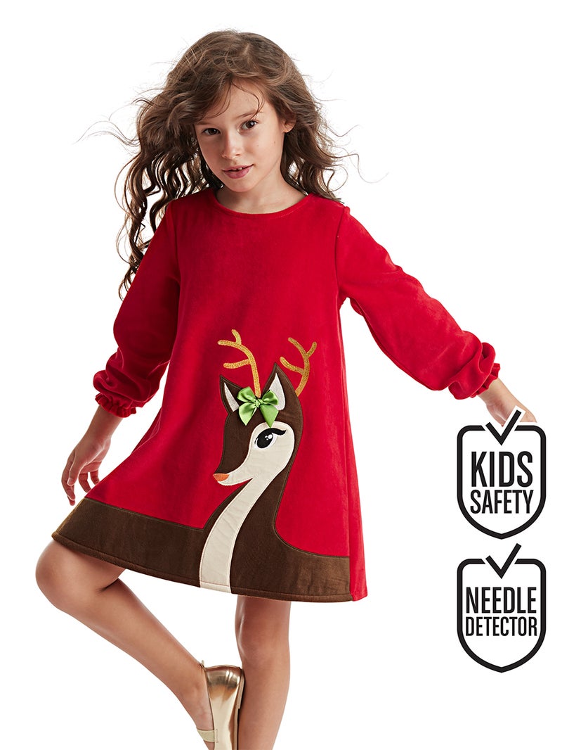 Denokids Little Deer Girl Red Velvet Xmas Dress - Image 1