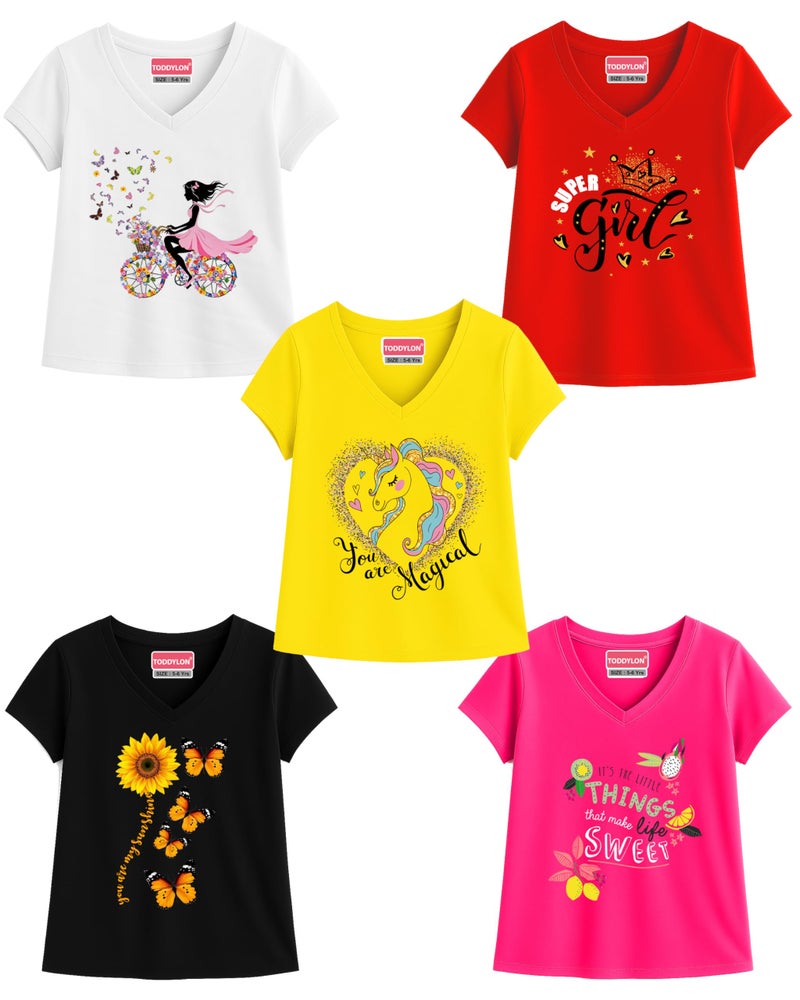 Toddylon Girls' Cotton T-Shirt Pack of 5 – Soft & Comfortable Half Sleeve V-Neck Tees with Trendy Prints for 2–14 Years (in, Age, 3 Years, 4 Years, Multicolour-3) - Image 1