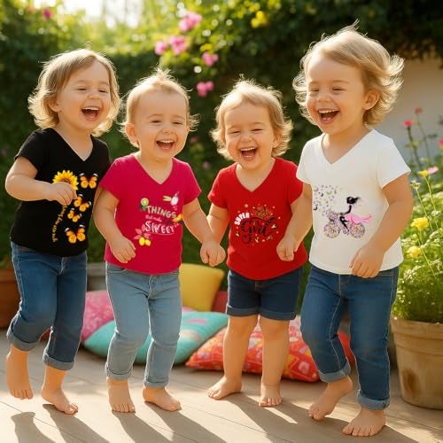Toddylon Girls' Cotton T-Shirt Pack of 5 – Soft & Comfortable Half Sleeve V-Neck Tees with Trendy Prints for 2–14 Years (in, Age, 3 Years, 4 Years, Multicolour-3) - Image 5