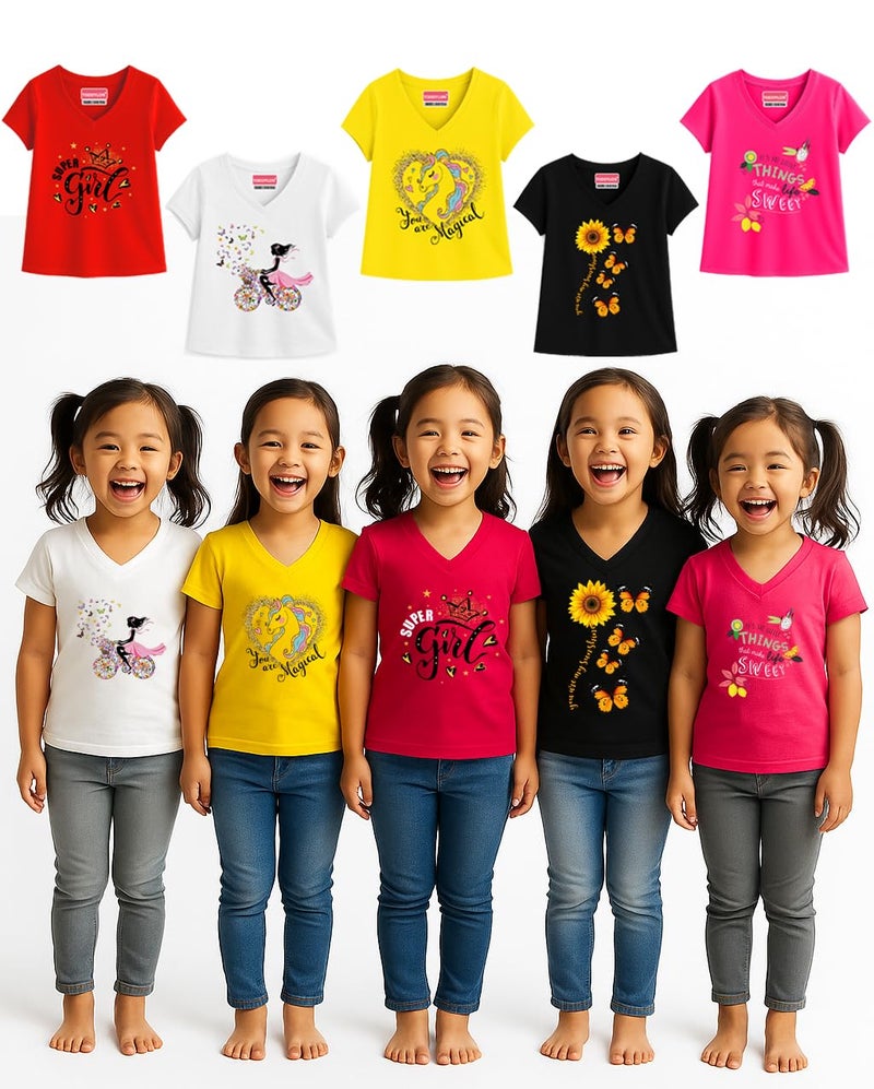 Toddylon Girls' Cotton T-Shirt Pack of 5 – Soft & Comfortable Half Sleeve V-Neck Tees with Trendy Prints for 2–14 Years (in, Age, 3 Years, 4 Years, Multicolour-3) - Image 2