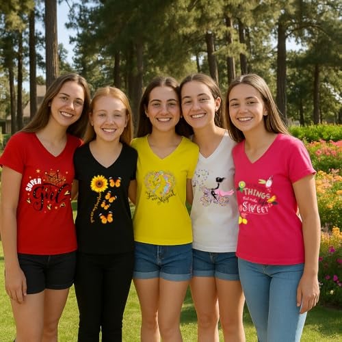 Toddylon Girls' Cotton T-Shirt Pack of 5 – Soft & Comfortable Half Sleeve V-Neck Tees with Trendy Prints for 2–14 Years (in, Age, 3 Years, 4 Years, Multicolour-3) - Image 4