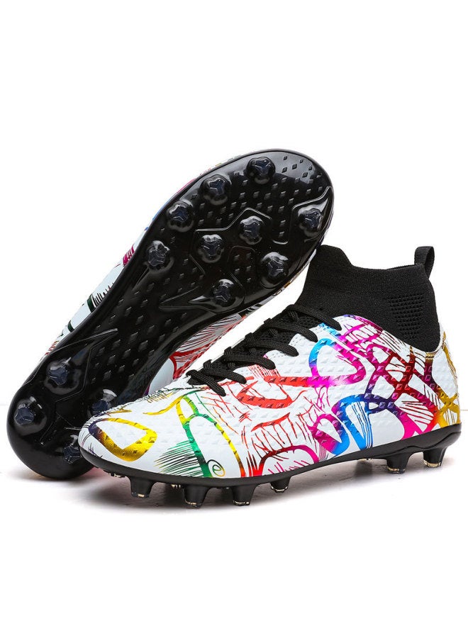 7799 White Long Nails High-top Football Shoes Ag Nail New Leather Feet Boys And Girls Children Teenagers Students Non-slip Competition Sports Shoes