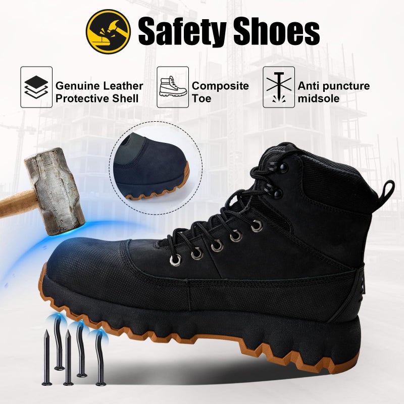 Peeldicou Mens Work Boots Composite Toe Boots for Men Genuine Leather Rubber Sole No Slip Waterproof Shoes Industrial & Construction Safety Boots - Image 2