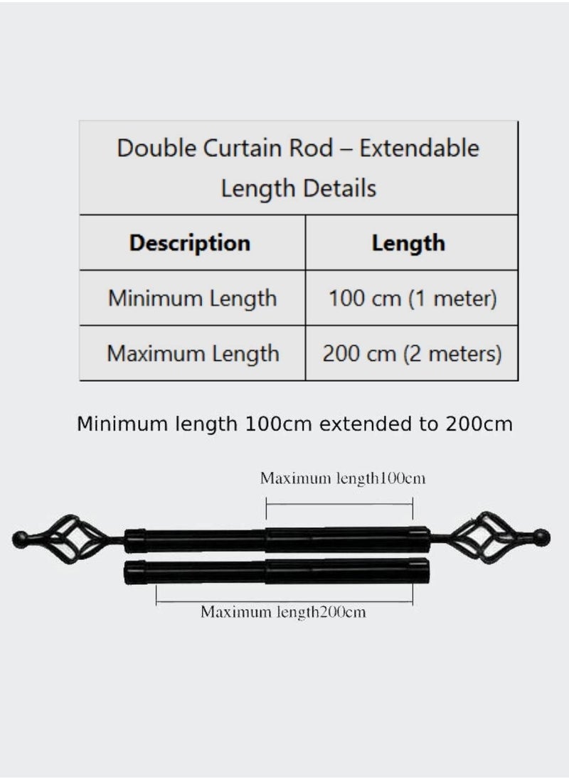 MAXQON Heavy Duty Extendable Double Curtain Rod 2 Meter Adjustable Sturdy Steel Black  - Image 2