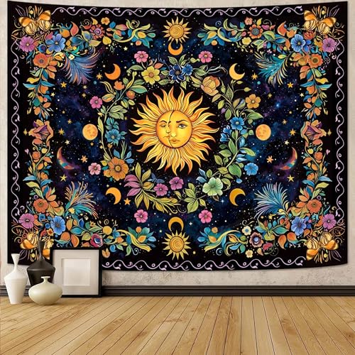 Lifeella Blacklight Sun and Moon Tapestry, Glow in The Dark UV Reactive Wall Decor, Aesthetic Bohemian Tapestries for Bedroom Living Room, Mystic Floral Art 36×48 inches - Image 2