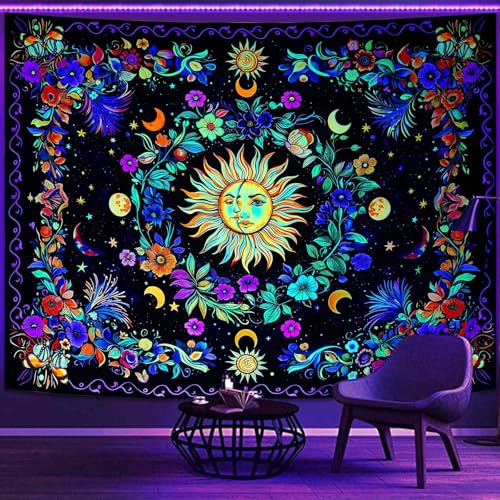 Lifeella Blacklight Sun and Moon Tapestry, Glow in The Dark UV Reactive Wall Decor, Aesthetic Bohemian Tapestries for Bedroom Living Room, Mystic Floral Art 36×48 inches - Image 1