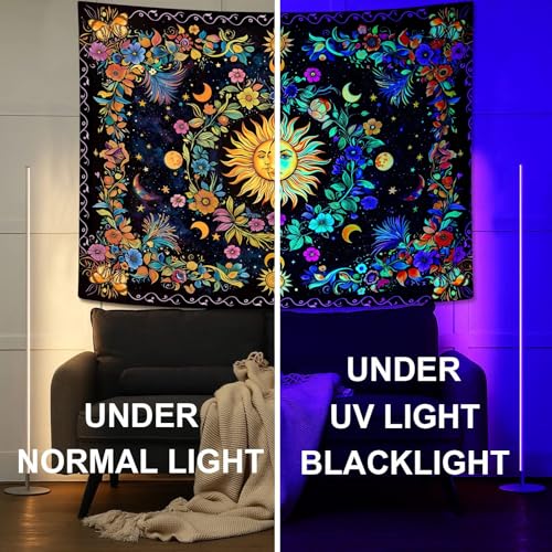 Lifeella Blacklight Sun and Moon Tapestry, Glow in The Dark UV Reactive Wall Decor, Aesthetic Bohemian Tapestries for Bedroom Living Room, Mystic Floral Art 36×48 inches - Image 3