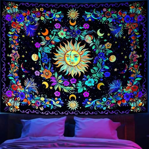 Lifeella Blacklight Sun and Moon Tapestry, Glow in The Dark UV Reactive Wall Decor, Aesthetic Bohemian Tapestries for Bedroom Living Room, Mystic Floral Art 36×48 inches - Image 4