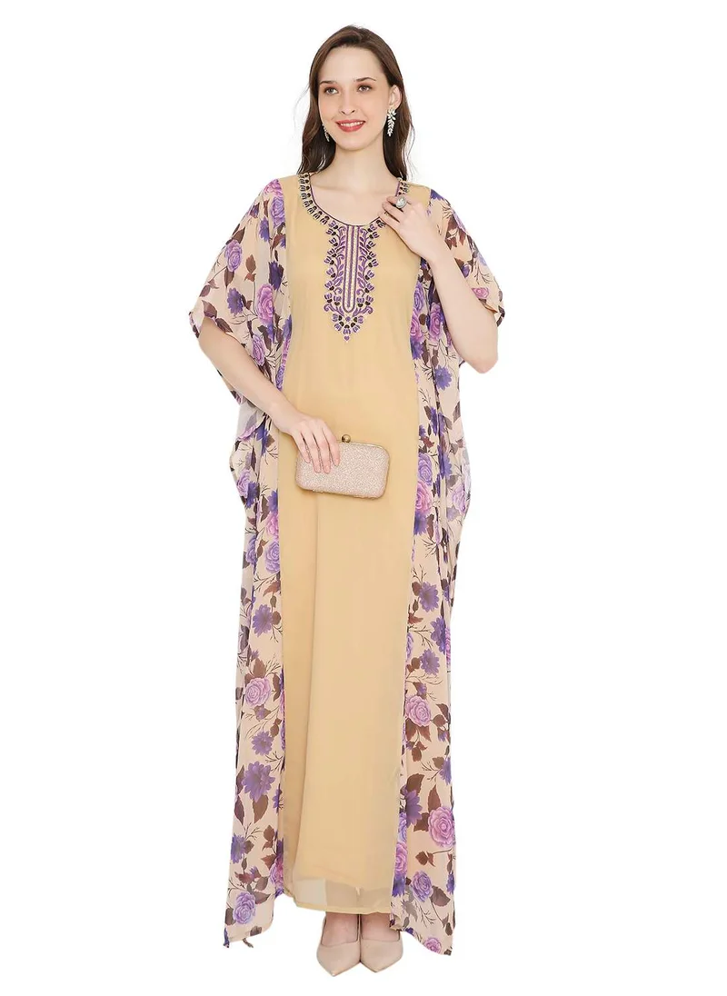 HANA & SARA MULTICOLOUR PRINTED WITH EMBROIDERED SHORT SLEEVES ARABIC KAFTAN JALABIYA DRESSES