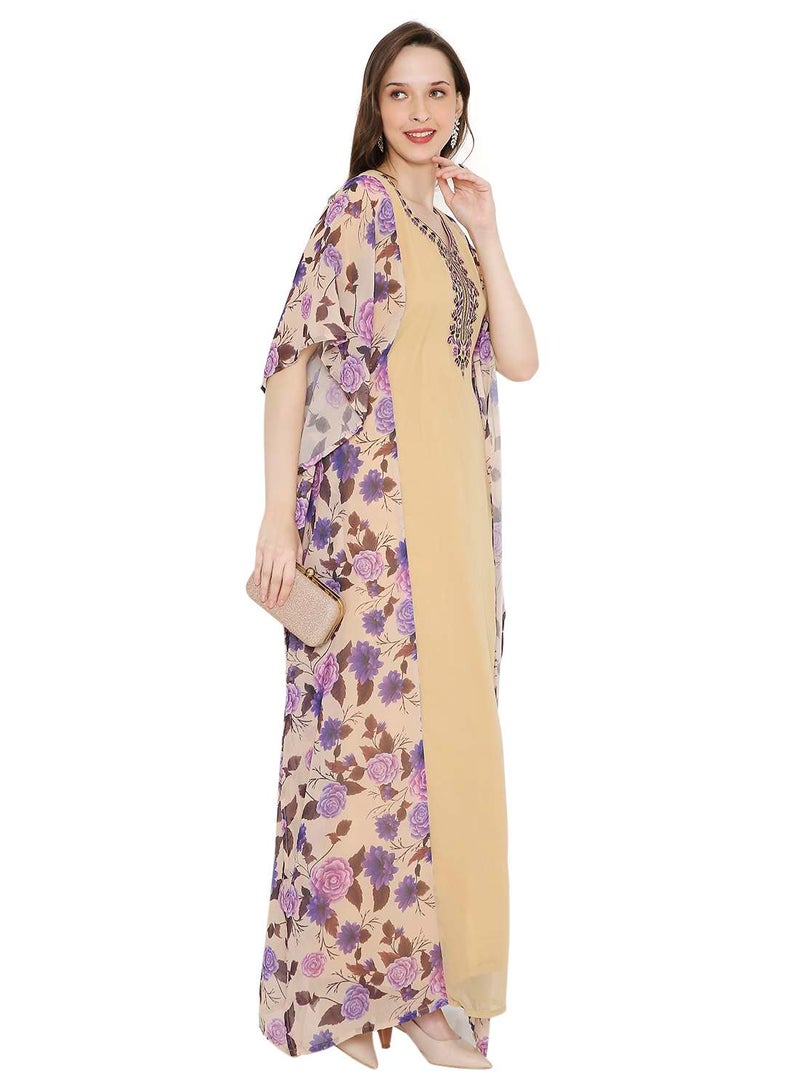 HANA & SARA MULTICOLOUR PRINTED WITH EMBROIDERED SHORT SLEEVES ARABIC KAFTAN JALABIYA DRESSES  - Image 4