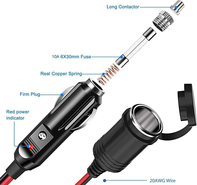 Thlevel 3 Meter Car Extension Cable Cigarette Lighter Socket Plug Charger Adapter Car Waterproof 20AWG Cable with Fuse for 10A 12V-24V Power Truck Van Caravan - Image 3