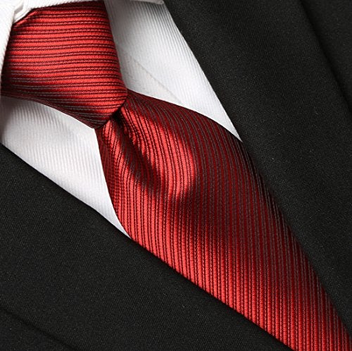 KissTies Mens Necktie Set Red Scarlet Solid Striped Tie Pocket Square + Gift Box - Image 2