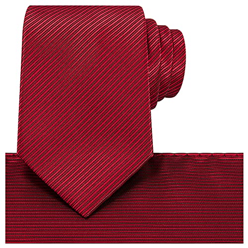 KissTies Mens Necktie Set Red Scarlet Solid Striped Tie Pocket Square + Gift Box - Image 1