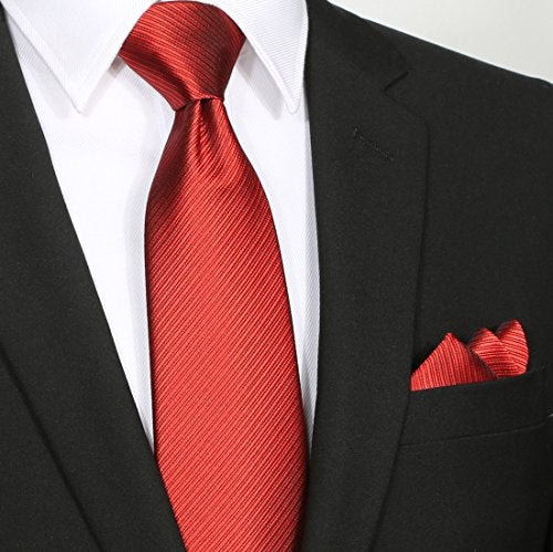 KissTies Mens Necktie Set Red Scarlet Solid Striped Tie Pocket Square + Gift Box - Image 3