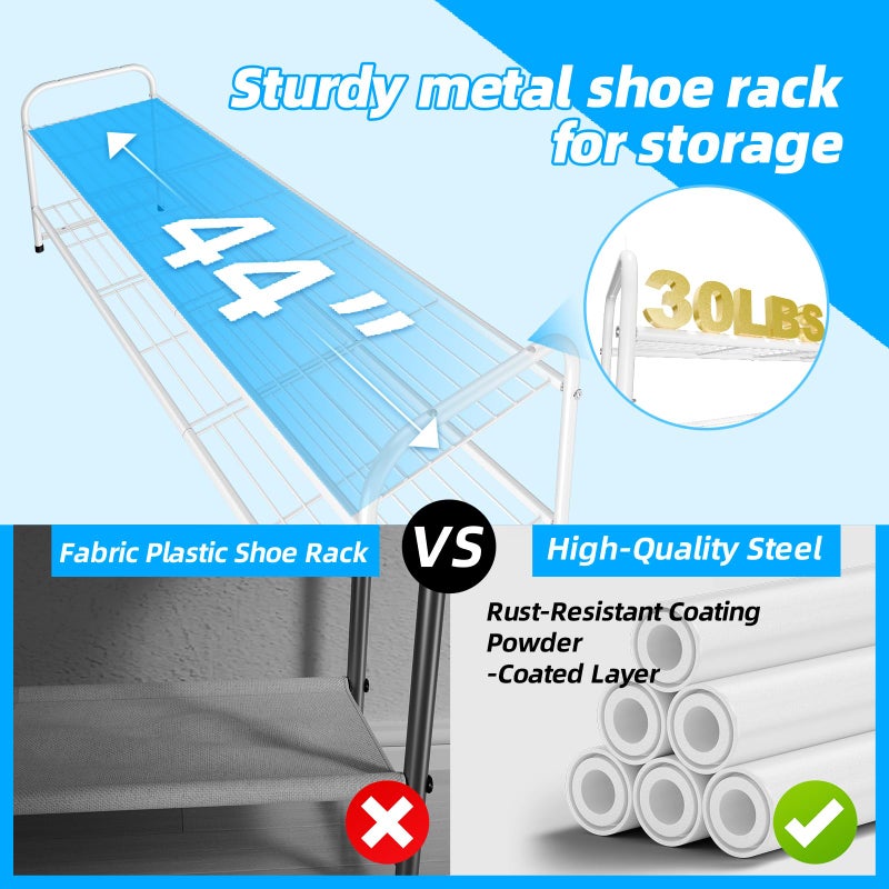 MWQ Shoe Rack for Closet, 2 Tier 44 Inch Extra Long Shoe Storage Organizer for Shelves, Heavy Duty Metal, Easy Assembly, White - Image 4