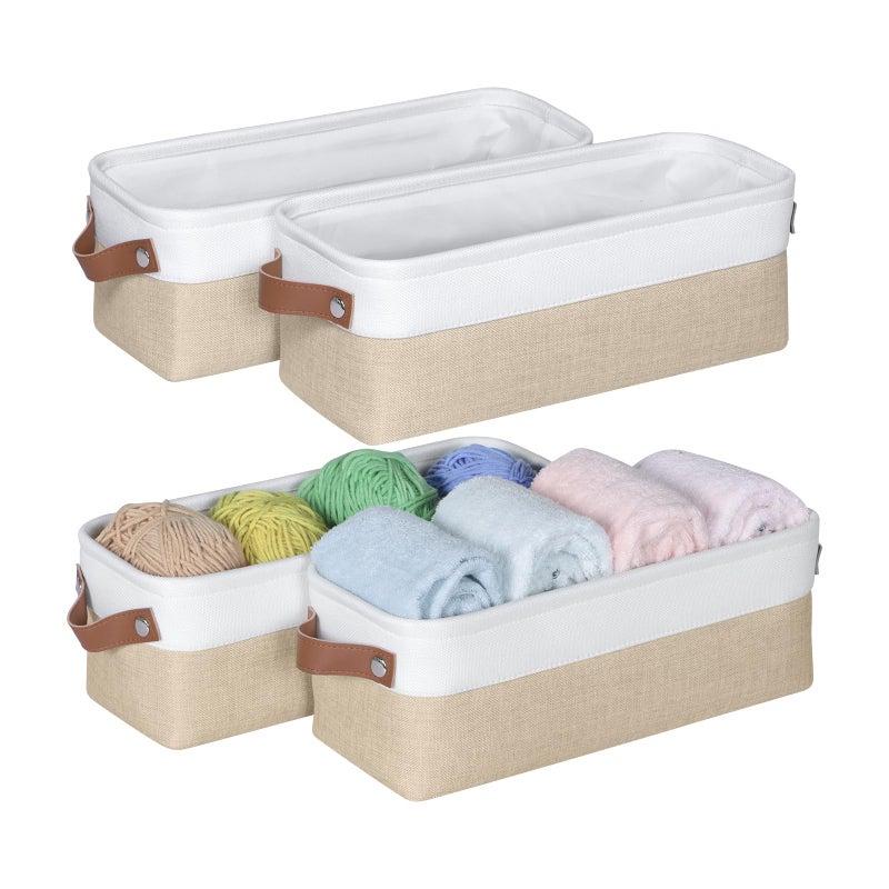 Kntiwiwo Small Fabric Storage Bins, 15x6x5 inch Narrow Storage Baskets 4-Pack Long Storage Basket for Organizing with Handles, Decorative Basket for Closets, Shelves, Toilet Paper, Beige - Image 1