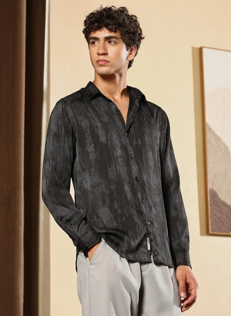CAHOOT  Men's Midnight Black Gleaming-Grazed Satin Shirt for Men | Best Price UAE