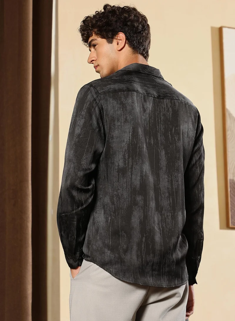 CAHOOT  Men's Midnight Black Gleaming-Grazed Satin Shirt for Men | Best Price UAE
