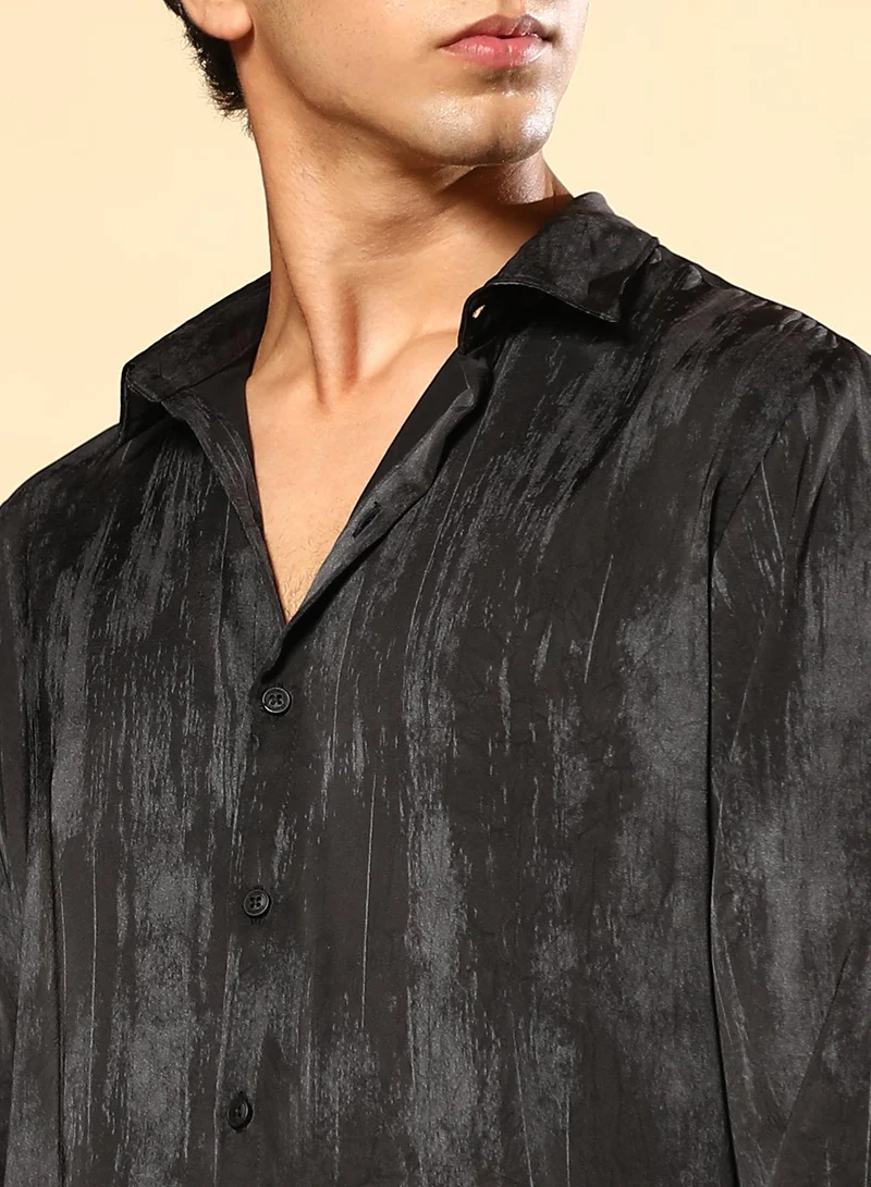 CAHOOT  Men's Midnight Black Gleaming-Grazed Satin Shirt for Men | Best Price UAE