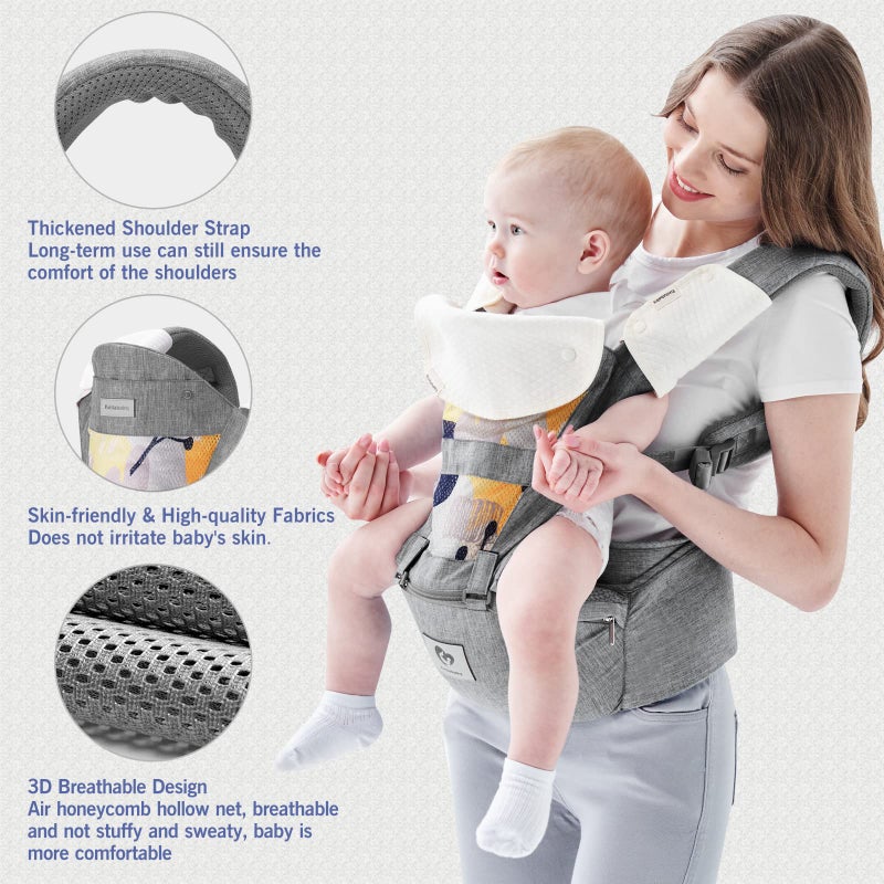 Bellababy Baby Carrier, Bellababy Multifunction Baby Carrier Hip Seat (Ergonomic M Position) for 3-36 Month Baby, 6-in-1 Ways to Carry, All Seasons, Adjustable Size, Perfect for Shopping Travelling (Grey) - Image 3