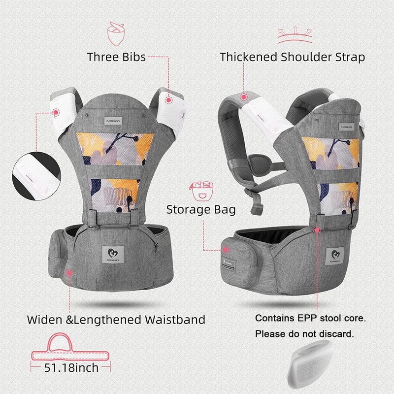 Bellababy Baby Carrier, Bellababy Multifunction Baby Carrier Hip Seat (Ergonomic M Position) for 3-36 Month Baby, 6-in-1 Ways to Carry, All Seasons, Adjustable Size, Perfect for Shopping Travelling (Grey) - Image 2