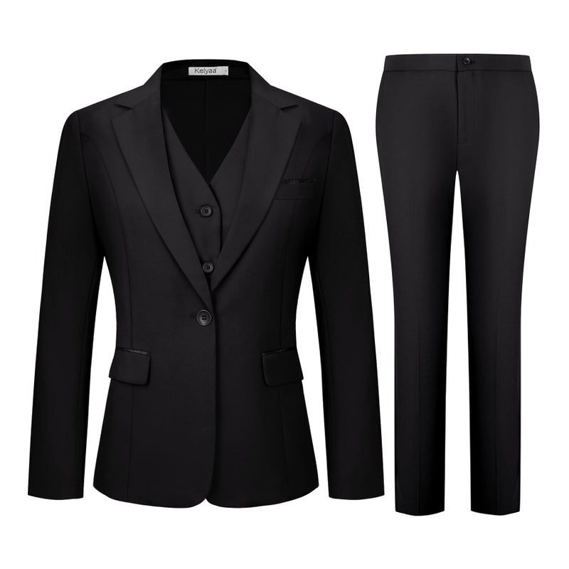 Kelyaa Womens 3 Piece Suit Lady Business Casual Office One Button Notched Lapel Slim Fit Blazer Jacket Vest Pants Set Black