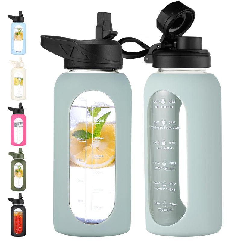 CIVAGO 32 oz Glass Water Bottle with Straw and Handle, Large Sports Motivational Water Bottle Flask with Time Marker and 2 Lids, Leakproof Water Jug Canteen with Silicone Sleeve for Gym, Sage - Image 1