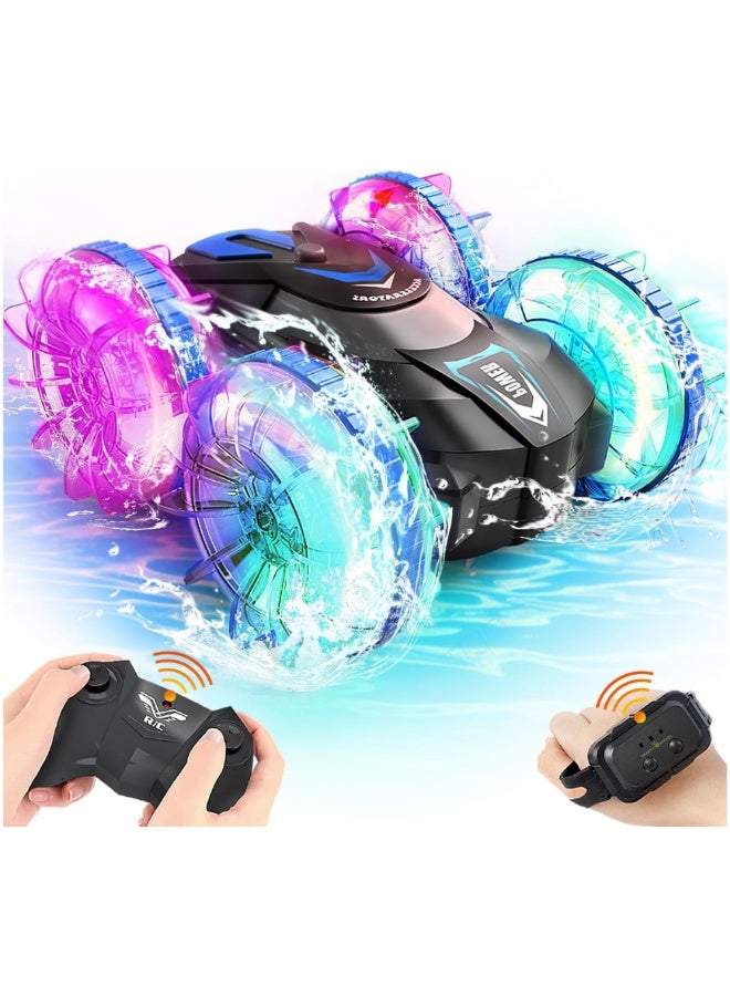 DAT Amphibious RC Stunt Car for Kids – 4WD, Waterproof, Dual Control (Remote + Gesture Watch), 360° Spins, LED Wheels, Rechargeable - Image 1
