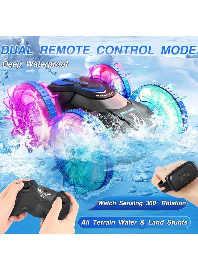 DAT Amphibious RC Stunt Car for Kids – 4WD, Waterproof, Dual Control (Remote + Gesture Watch), 360° Spins, LED Wheels, Rechargeable - Image 4