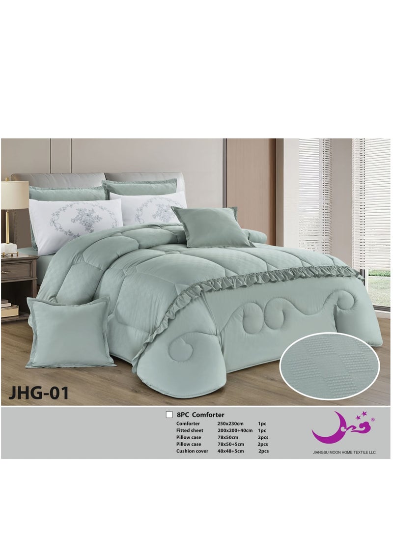 مون مفرش صيفي سرير ملكي  نظام وجهين 8 قطع – طقم لحاف مبطن ناعم ومريح مقاس كبير 250×230 سم مع وسائد وخداديات مناسب لسرير مقاس 200×200 سم - Image 2