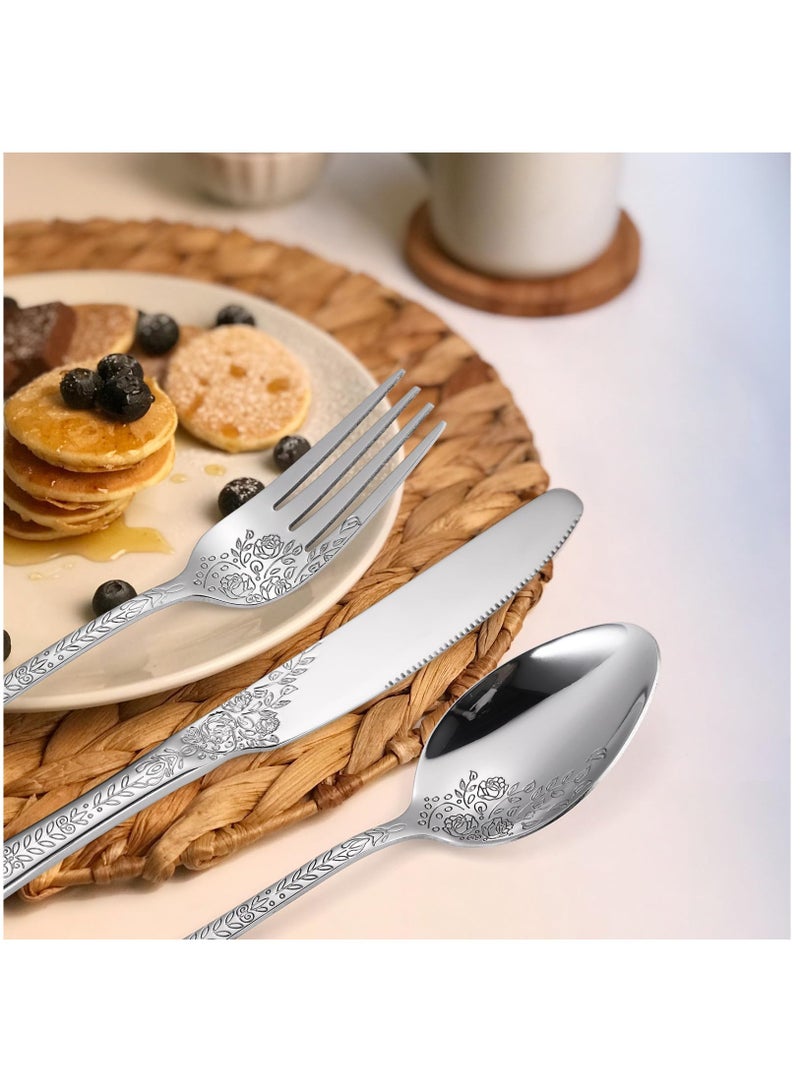 SOLARAE Floral Silverware Set, 5 Silvery Flatware Stainless Steel with Delicate Engraved Rose Flower Embossed Design Complete Cutlery Utensils for Home Everyday Use Festival Parties - Image 4