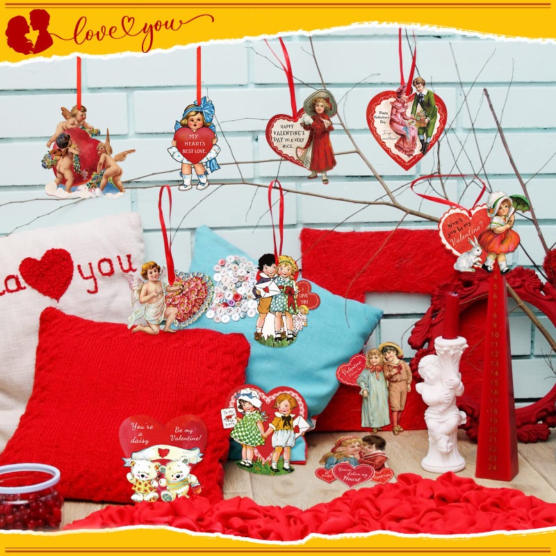Perthlin 48 Pcs Vintage Valentine Hanging Ornaments Retro Valentines Tree Ornaments Heart Cut Out Decorations for Valentine's Day Party Favors Classroom Home Window Wall Anniversary Supplies - Image 4