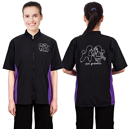 Noverlife Pet Grooming Workwear with Full Zipper, M Size, Anti-Static Pet Beautician Work Clothes, Lightweight Hair Repellent Shirt Style Pet Groomer Smock for Dog Cat Grooming Shop - Image 2