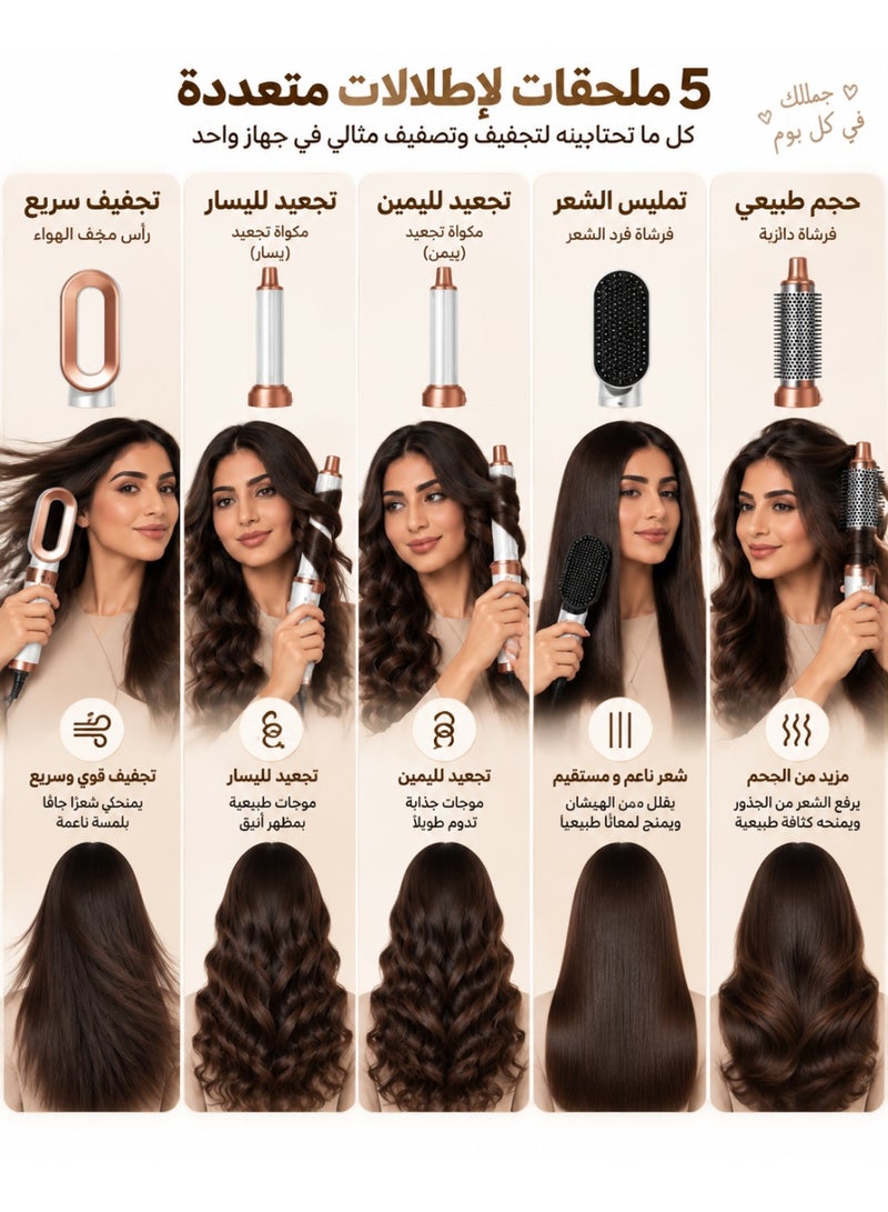 مشط هواء ساخن 5 في 1 للاستخدام المنزلي للشعر المستقيم والشعر المجعد ومجفف الشعر وأداة تصفيف الشعر متعددة الوظائف - Image 3
