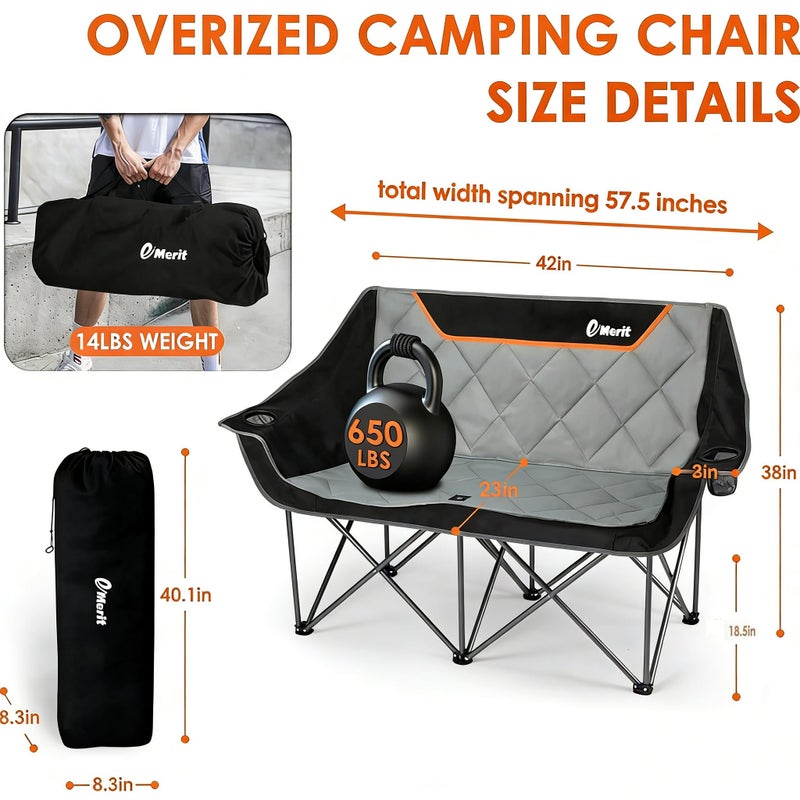 EMERIT Oversized Fully Padded Camping Chair, Heavy Duty 650LB Folding Camping Loveseat, Quad Fold Double Camping Couch with Cup Holders & Carry Bag for Outdoor, Lawn, Sports Events - Image 2
