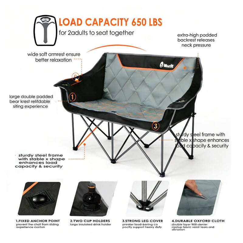 EMERIT Oversized Fully Padded Camping Chair, Heavy Duty 650LB Folding Camping Loveseat, Quad Fold Double Camping Couch with Cup Holders & Carry Bag for Outdoor, Lawn, Sports Events - Image 5