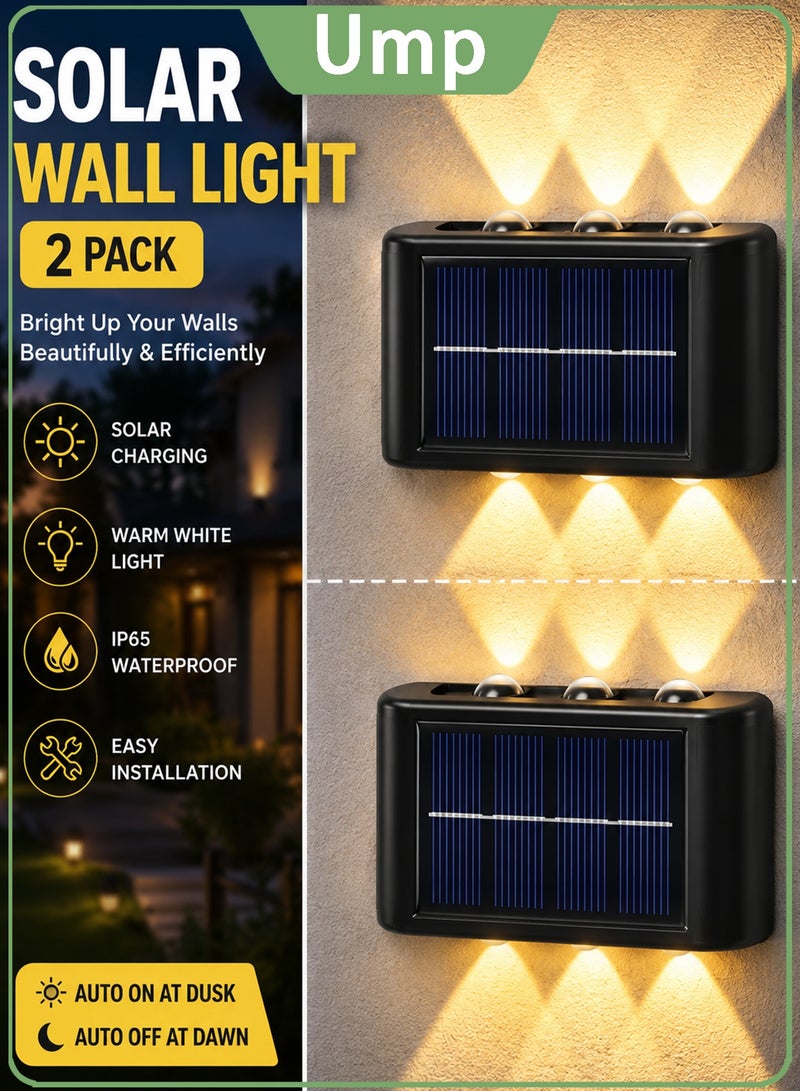 2 Pack Solar Wall Lights Outdoor, 6 LED Waterproof Solar Fence Lights Up and Down Wall Lamps,with Auto On/Off, for Garden Decoration, Fence, Yard, Front Door, Pathway